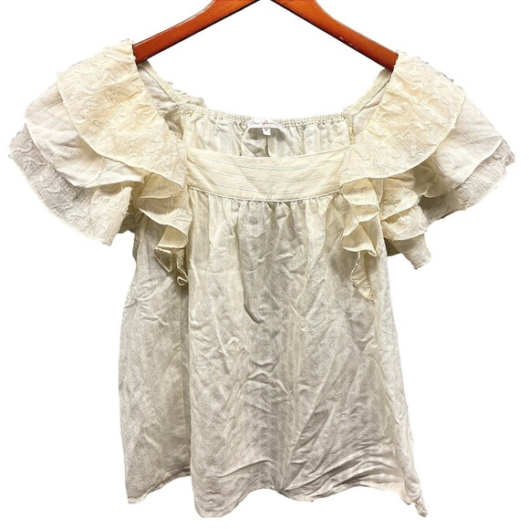Ces Femme Tops - Ces Femme Blouse Women's Medium Cream Square Neck Ruffle Flutter Sleeve Top